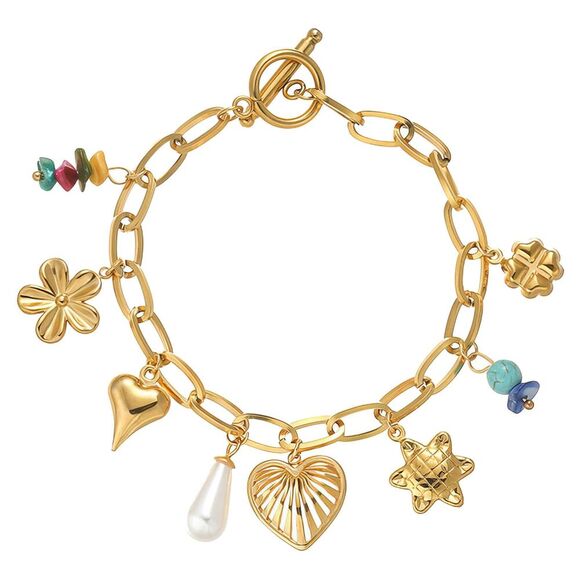 18K Gold Plated Women's Charm Bracelet Heart Sun Flower Beads Hypoallergenic - Picture 1 of 10